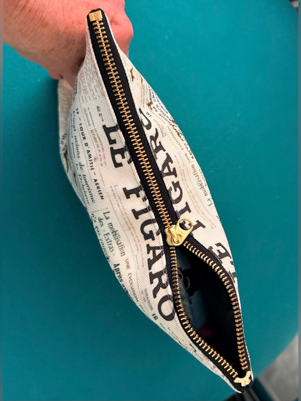 Newspaper Print Zip Pouch Clutch in Cream and Black